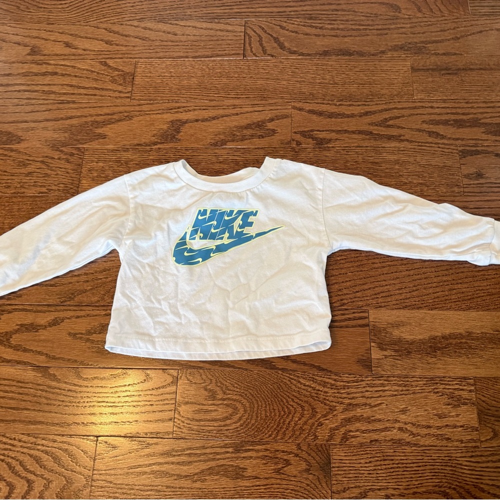 Nike 2T Kids White Long Sleeve Tee with Blue Logo